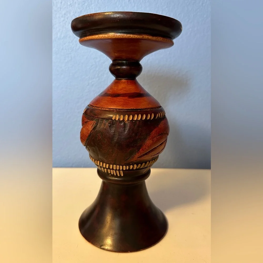 Haiti Signed Wooden Pedestal Flower Vase - Picture 2 of 9